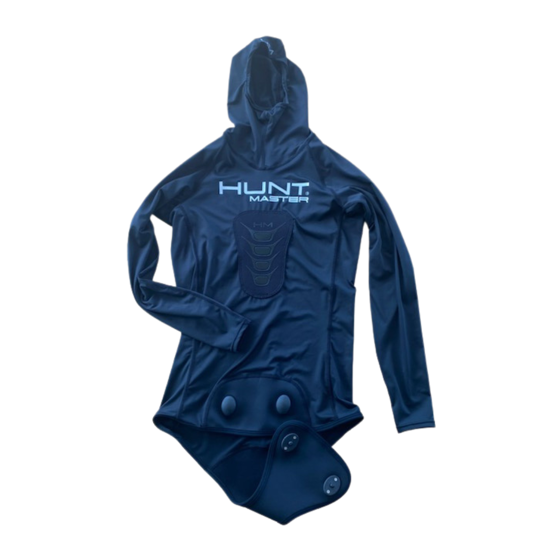 Hooded Spearfishing Rashguard Top and Long John Pants With Chest Pad Combo - Black - Unisex