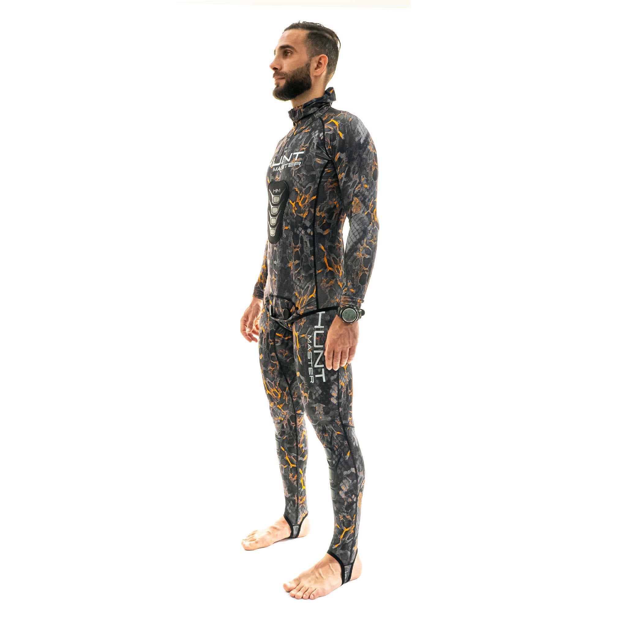 Hooded Spearfishing Rashguard Top and Long John Pants With Chest Pad Combo - Camo - Unisex - Blaze