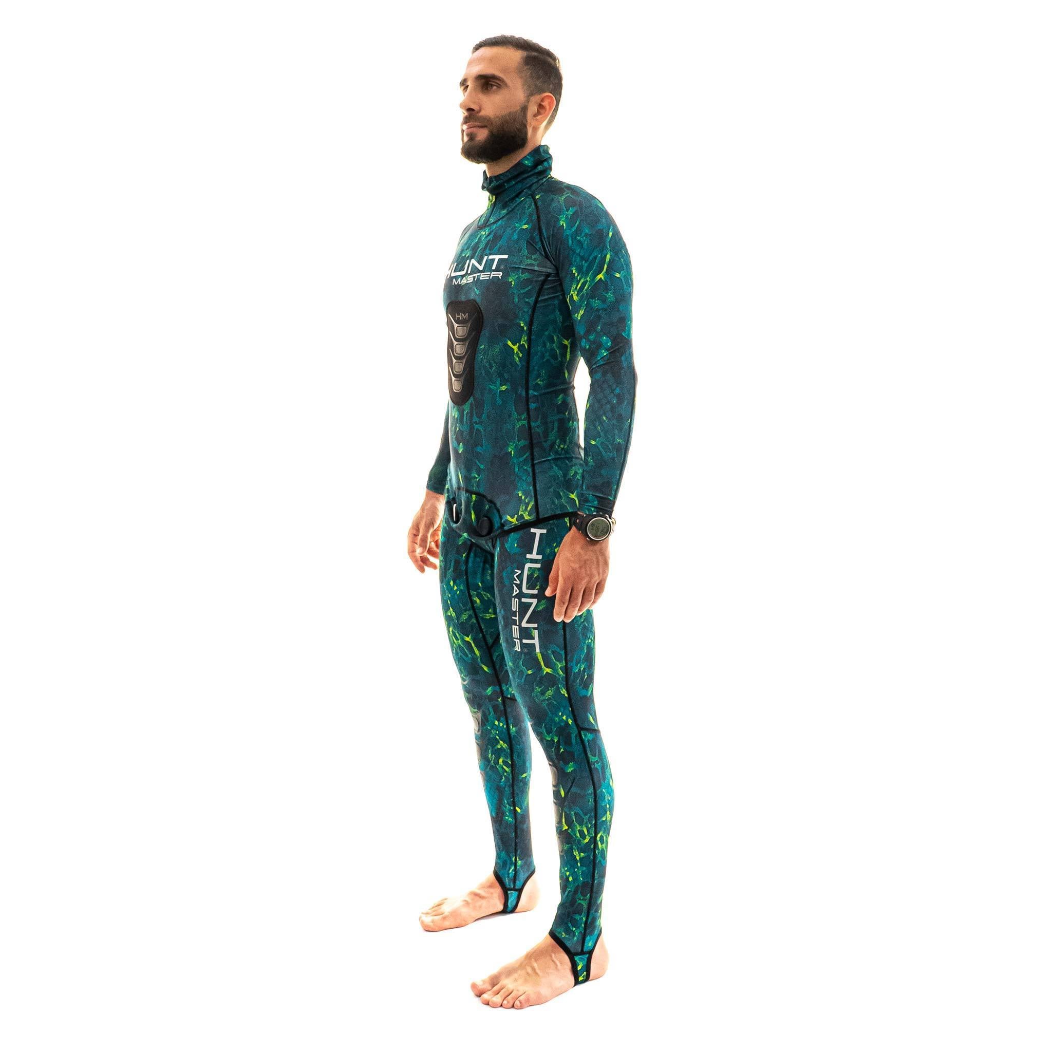 Hooded Spearfishing Rashguard Top and Long John Pants With Chest Pad Combo - Camo - Unisex - Green