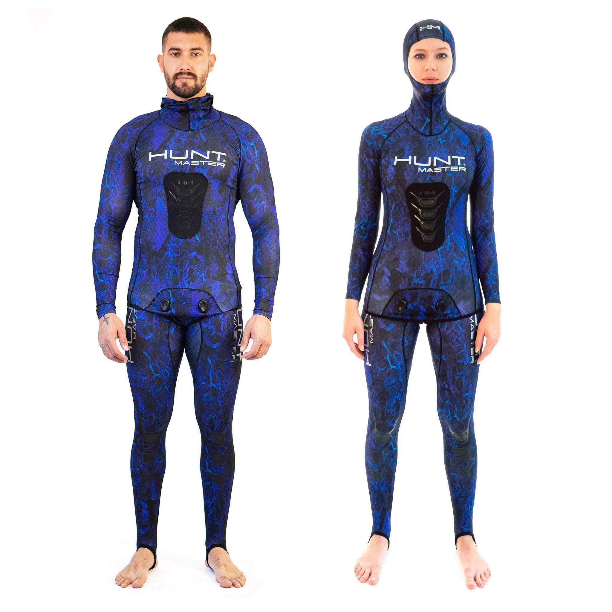 Hooded Spearfishing Rashguard Top and Long John Pants With Chest Pad Combo - Camo - Unisex - Blue
