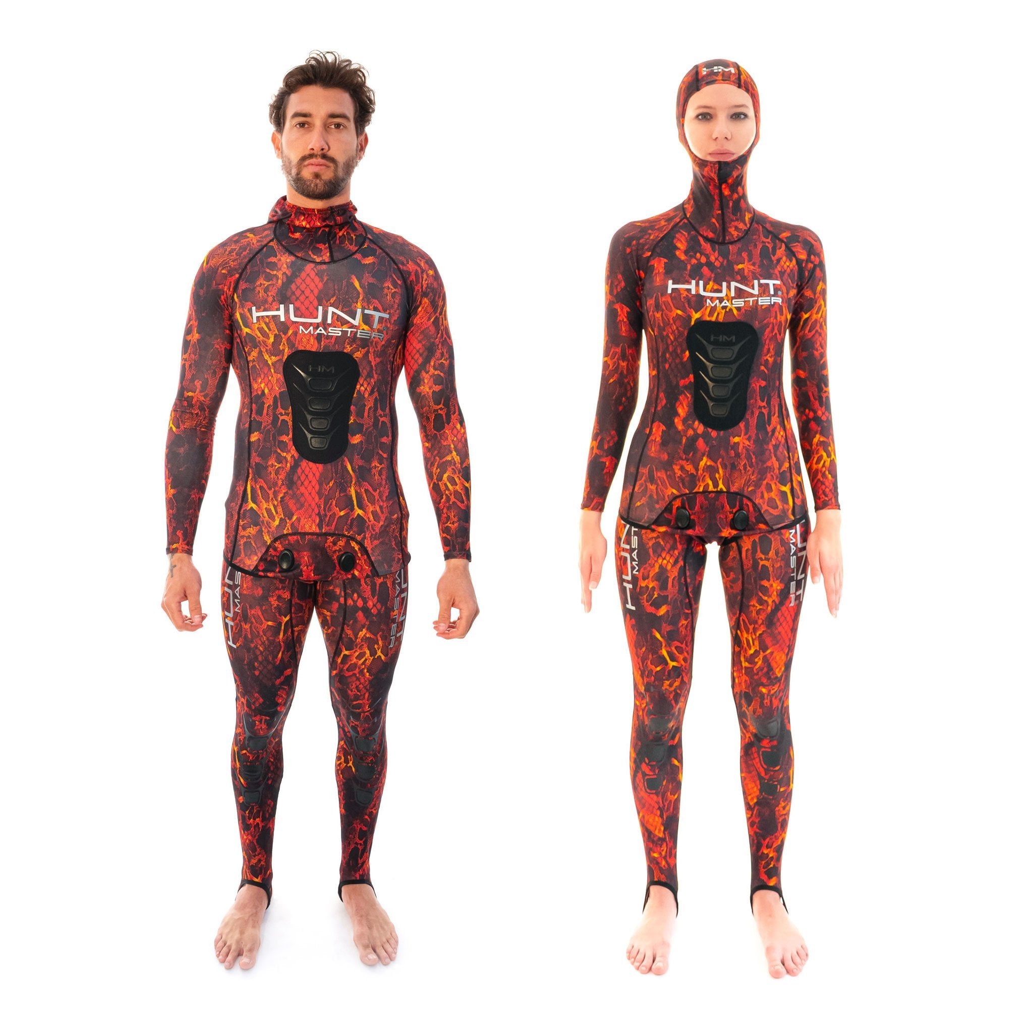 Hooded Spearfishing Rashguard Top and Long John Pants With Chest Pad Combo - Camo - Unisex - Red