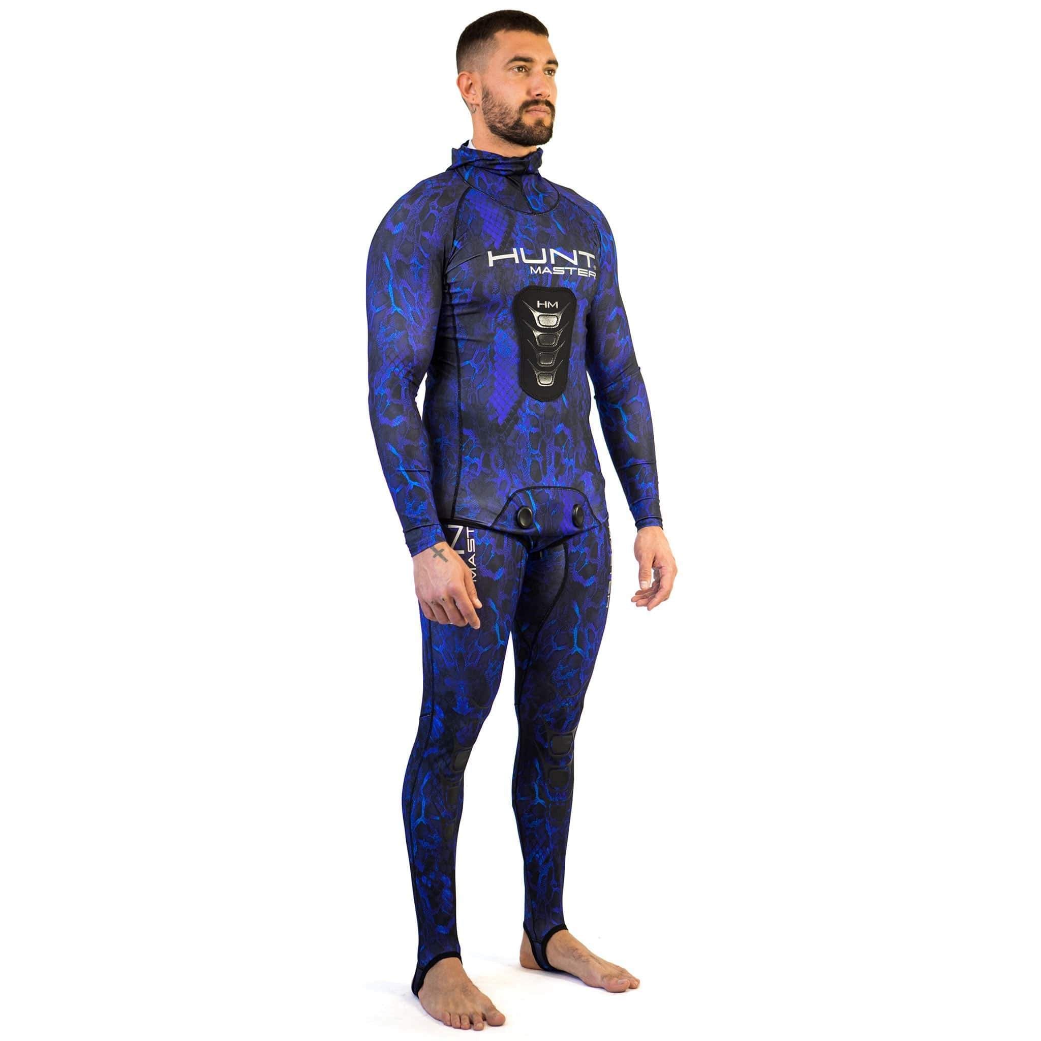 Hooded Spearfishing Rashguard Top and Long John Pants With Chest Pad Combo - Camo - Unisex - Blue