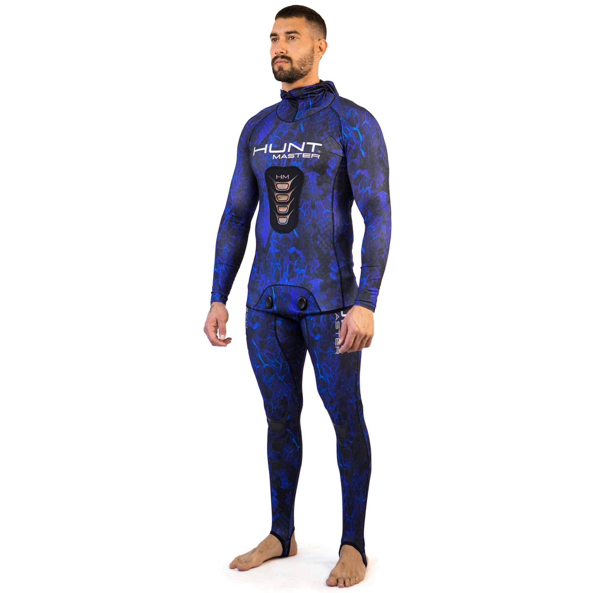 Hooded Spearfishing Rashguard Top and Long John Pants With Chest Pad Combo - Camo - Unisex - Blue