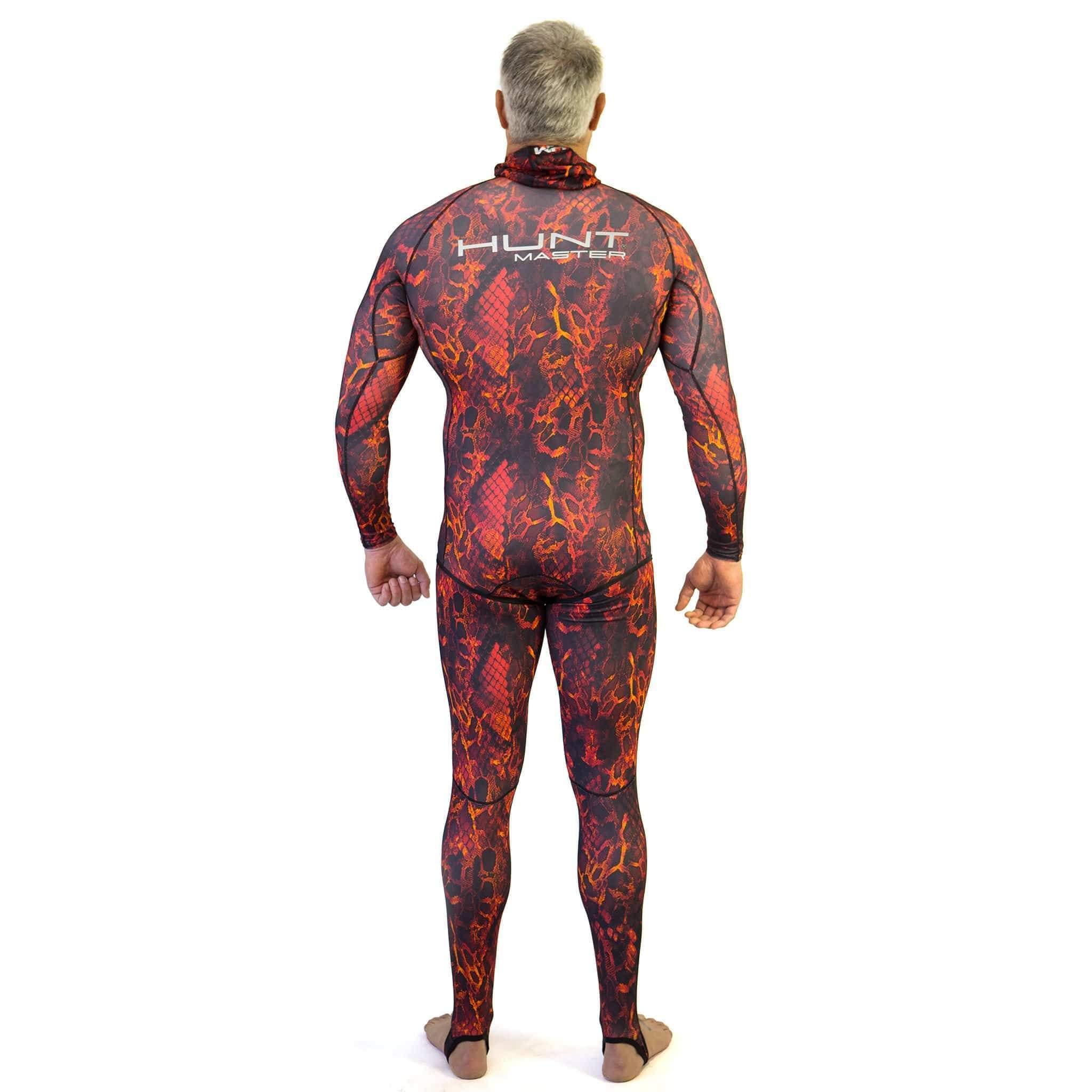 Hooded Spearfishing Rashguard Top and Long John Pants With Chest Pad Combo - Camo - Unisex - Red